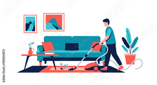 Man Vacuuming the Living Room Floor.