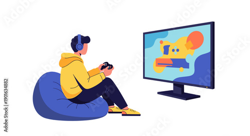 Man Wearing Virtual Reality Headset Playing Game.