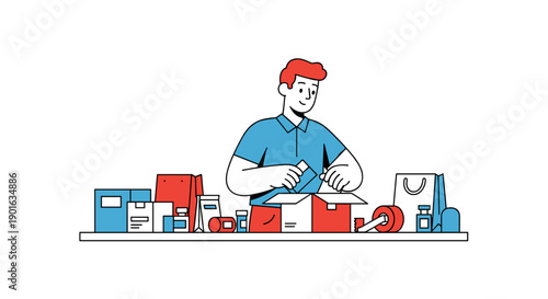 Man Working at Desk with Packets.