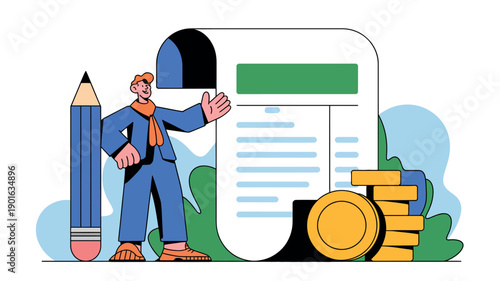 A cartoon businessman presenting a large document with a pencil and coins nearby, symbolizing financial success and planning.