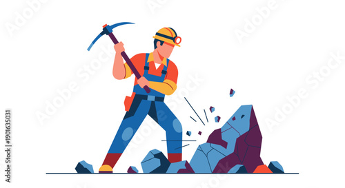 Miner Breaking Rocks with Pickaxe.