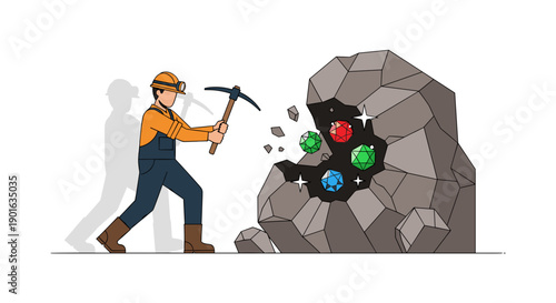 Miner Extracting Gems from Rock Formation.