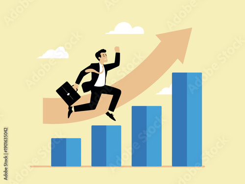 A businessman in a suit is running up a bar graph with an upward arrow, symbolizing career growth and success.