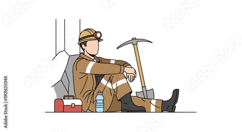 Miner in Brown Uniform Sitting with Pickaxe.