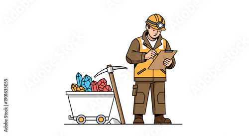 Miner in Safety Gear Inspecting Ore.