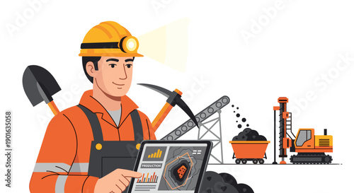 Miner in Safety Gear with Pickaxe and Tablet.
