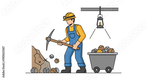 Miner in uniform digging with pickaxe.