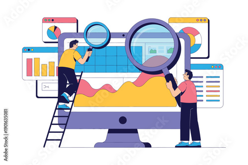 Two men analyzing data on a large computer screen with graphs and charts