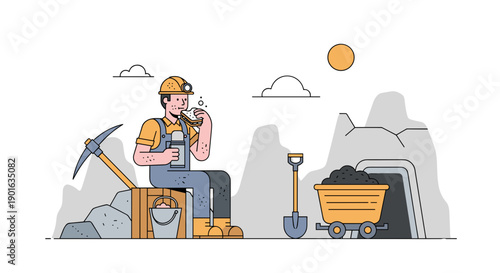 Miner on Break Sitting on Toolbox.