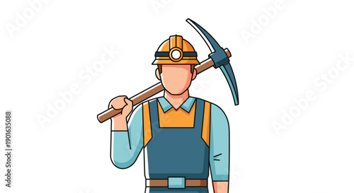 Miner Worker Holding Pickaxe Cartoon Illustration.