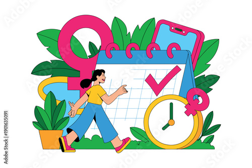 A woman efficiently managing her time with a calendar, clock, and smartphone in a vibrant and organized workspace.