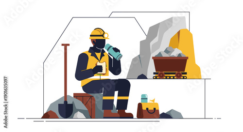 Miner Sitting on Rocks with Shovel.