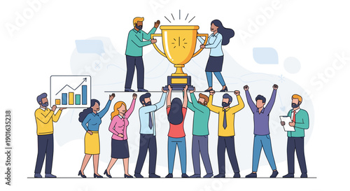 Team Celebrating Success with Large Trophy.