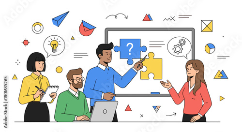 Team Discussing Project with Puzzle Pieces.