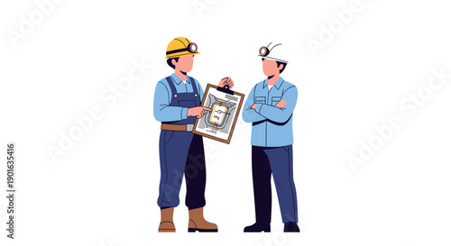 Two Men in Hardhats Discussing Certificate.