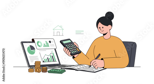 Woman Calculating Finances with Calculator and Notebook.