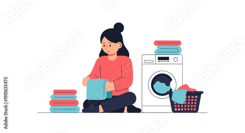 Woman Doing Laundry with Washing Machine.