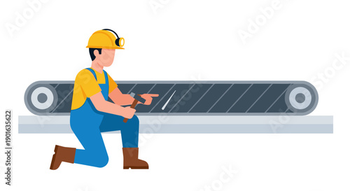 Worker Inspecting Conveyor Belt in Factory.