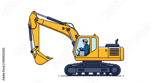 Yellow Excavator with Operator Illustration.