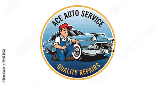 Ace Auto Service Quality Repairs Mechanic with Classic Car.