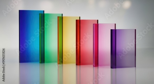 A collection of colorful translucent acrylic blocks arranged in a rainbow spectrum gradient