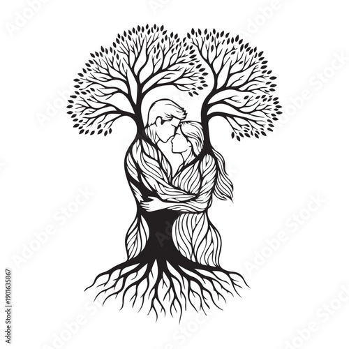 Surreal tree of life concept with silhouette of a couple embracing as roots and branches