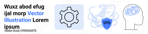 Gear symbolizing settings, VPN shield on world map for cybersecurity, human head with brain for intellect. Ideal for technology, privacy, settings, security, mental processes, networks simple