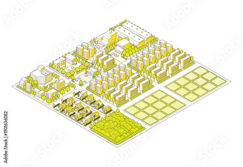 郊外の街並みのイラスト. アイソメ図で描いた都市.