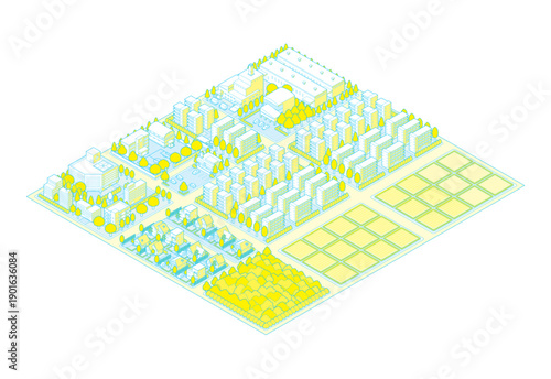 郊外の街並みのイラスト. アイソメ図で描いた都市.