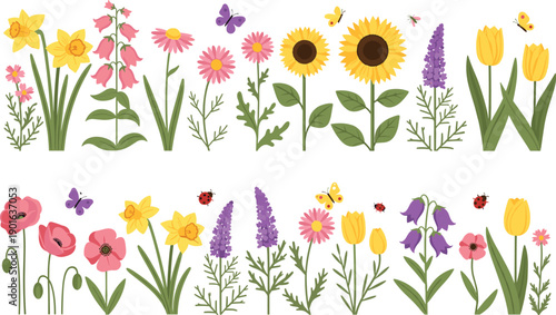 Colorful spring garden flowers and insects collection, flat vector illustration featuring sunflowers, tulips, poppies, daffodils, butterflies, and ladybugs on white.