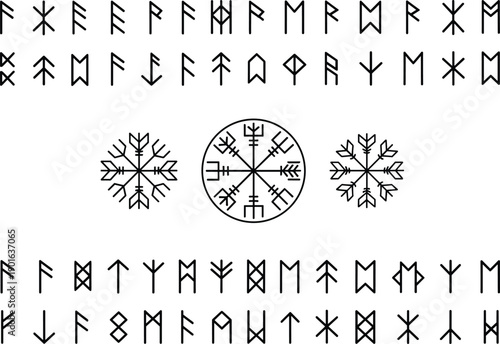 Ancient Norse runes with Vegvisir and Helm of Awe symbols, mystical Viking compass and protection glyphs on dark background for mythology and spiritual design themes