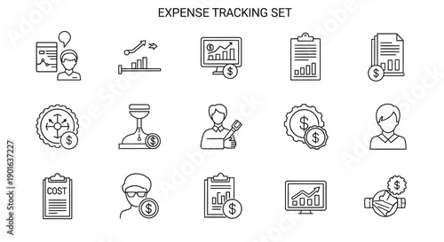 Expense Tracking and Financial Management Line Icons Set. Budget Analysis, Cost Control, Accounting Data, and Profitability Vector Collection.