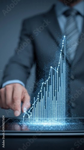 A businessman in a suit pointing at a holographic digital chart floating above a tablet.