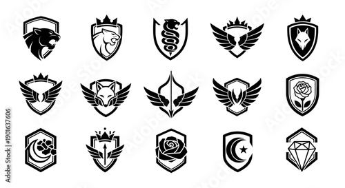 Collection of vector shield emblems with panther snake and wolf heads for gaming clan mascots and corporate security branding identity design