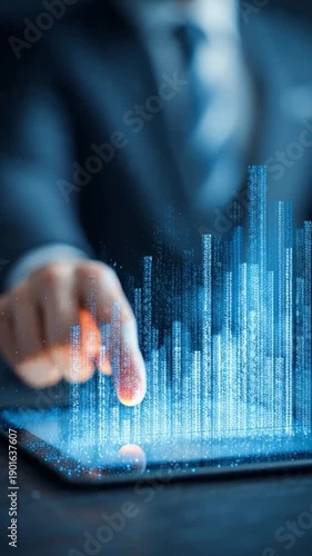A businessman in a suit pointing at a holographic digital chart floating above a tablet.
