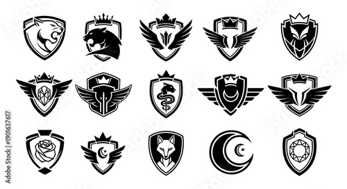 Set of vector heraldic emblems featuring wild animals wings and crowns suitable for luxury brands security agencies and sport team mascots