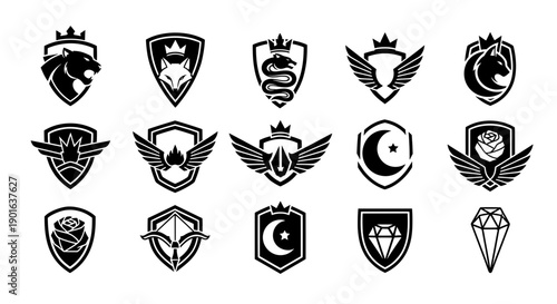 Collection of monochrome vector shield icons featuring crowns wings animals and geometric shapes for gaming clan mascots security and luxury brand logs