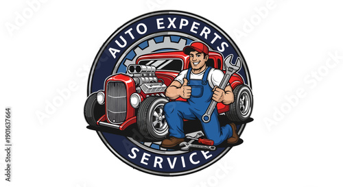 Auto Experts Service Logo with Mechanic and Hot Rod Car.