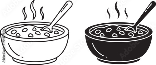 Two bowls of steaming hot soup with spoons ready for serving isolated on white background, illustration