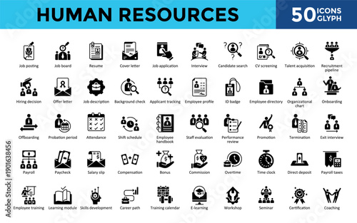 Human Resources icons set with job posting, job board, resume, cover letter, job application, interview, candidate search, talent acquisition icon. Simple glyph vector 
