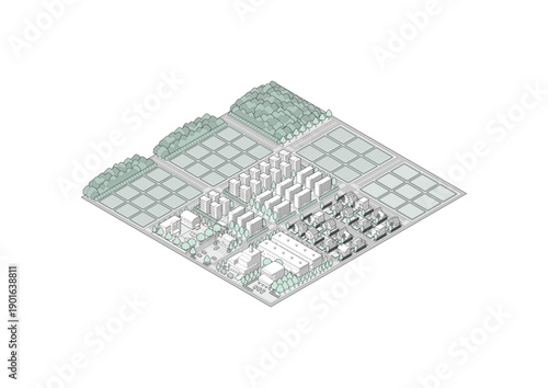郊外の街並みのイラスト. アイソメ図で描いた都市.