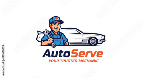 AutoServe logo featuring a friendly mechanic holding a wrench next to a classic car.