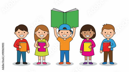Diverse School Children Holding and Raising Books. Happy Students Group Promoting Reading, Learning, and Education.