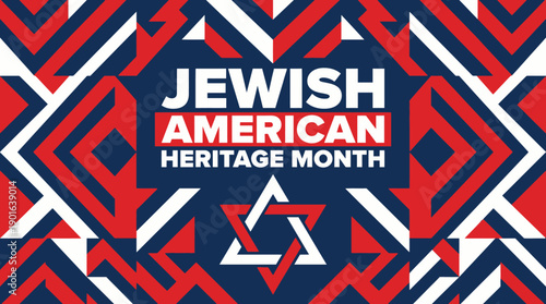Jewish American Heritage Month Banner: May Celebration, Star of David Symbol on Patriotic Geometric Red, White, and Blue Background.