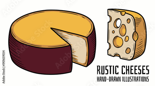 Rustic Cheese Vector Illustration: Whole Wheel with Cut Wedge and Holey Slice. Vintage Hand-Drawn Engraving Style for Menus and Packaging.