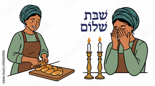 Shabbat Shalom Illustration: Jewish Woman Braiding Challah and Lighting Sabbath Candles for Friday Evening Celebration