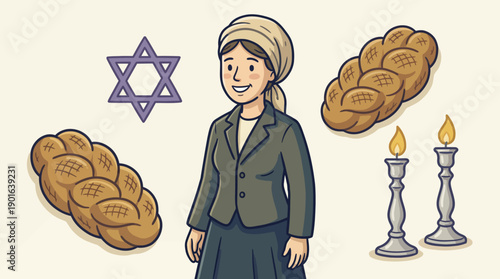 Happy Jewish Woman with Shabbat Icons: Challah, Star of David, and Lit Candles