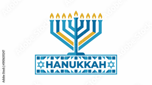 Modern Hanukkah Vector Design. Blue Menorah Illustration and 'Hanukkah' text banner with Star of David symbol.