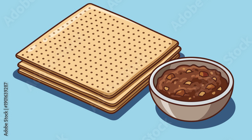 Matzah Crackers and Charoset Bowl Vector Illustration. Traditional Jewish Passover Seder Food Icon on Blue Background.