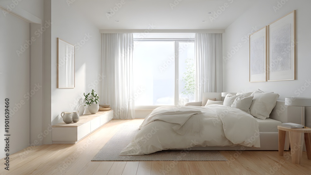 Fototapeta premium A modern living room interior features contemporary furniture and a luxury sofa near a large window, creating a comfortable home design with elegant decor, a soft carpet, and natural light on the floo